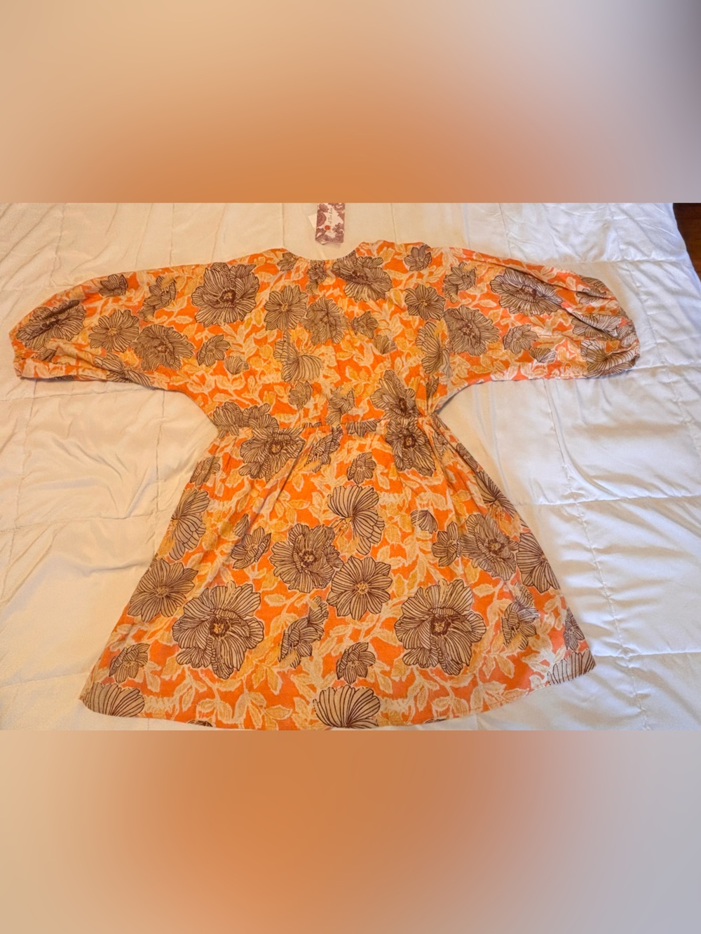 Orange Floral Midi Dress with Puff Sleeves - Picture 3 of 5